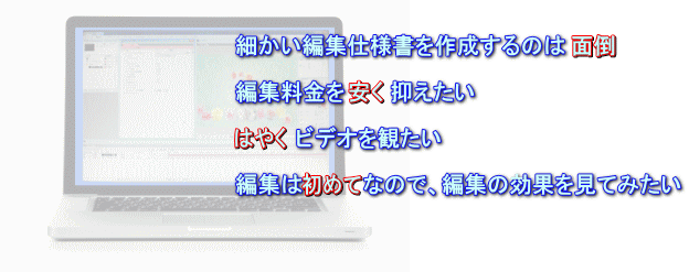 お任せ簡単ビデオ編集 | @細かい編集仕様書を作成するのは面倒な時 A編集料金を安く抑えたい時 Bはやくビデオを観たい時 C編集は初めてなので、編集の効果を見てみたい時